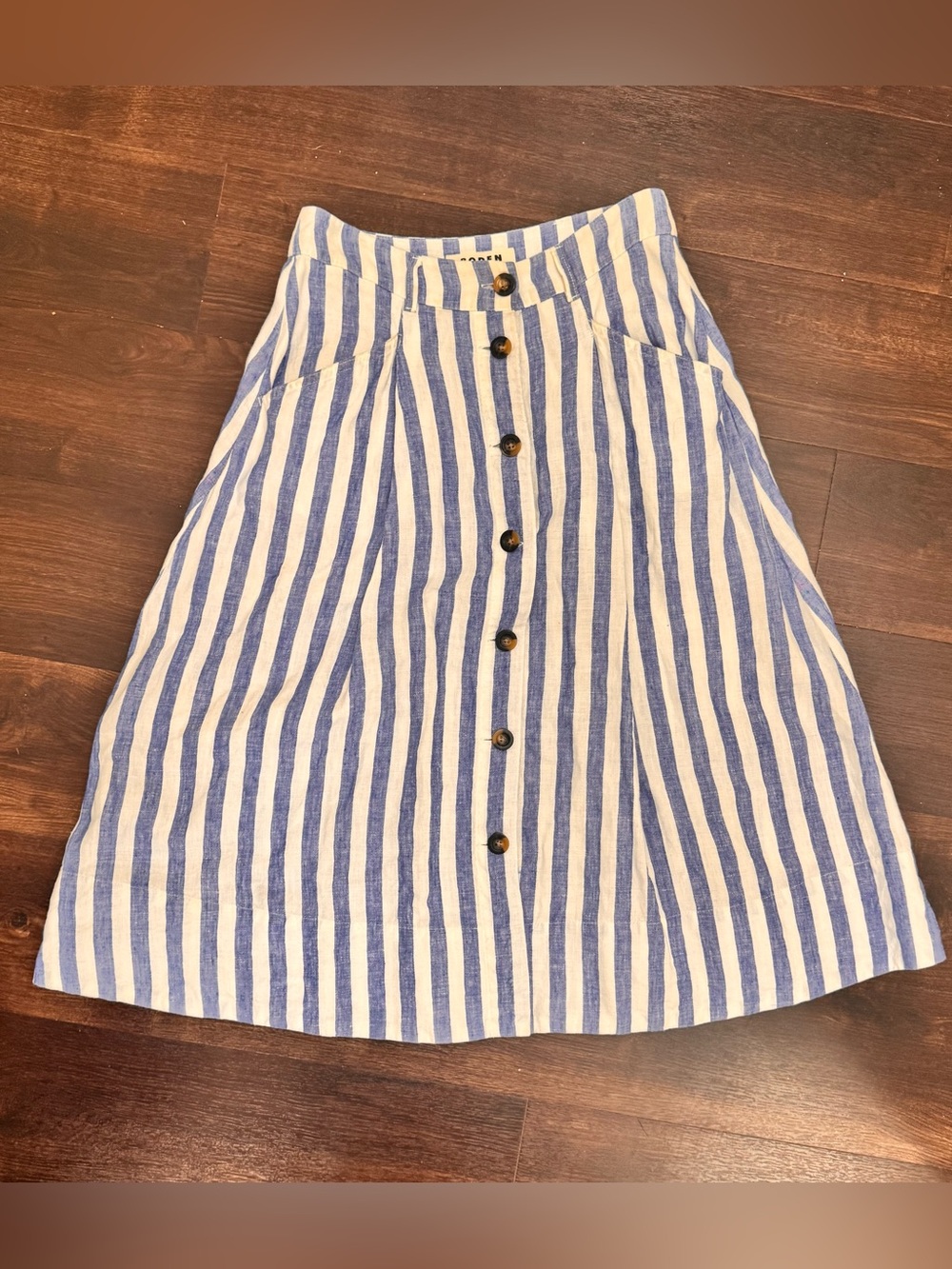 Boden Blue and White Linen Vertical-Stripe A-Line Button Skirt